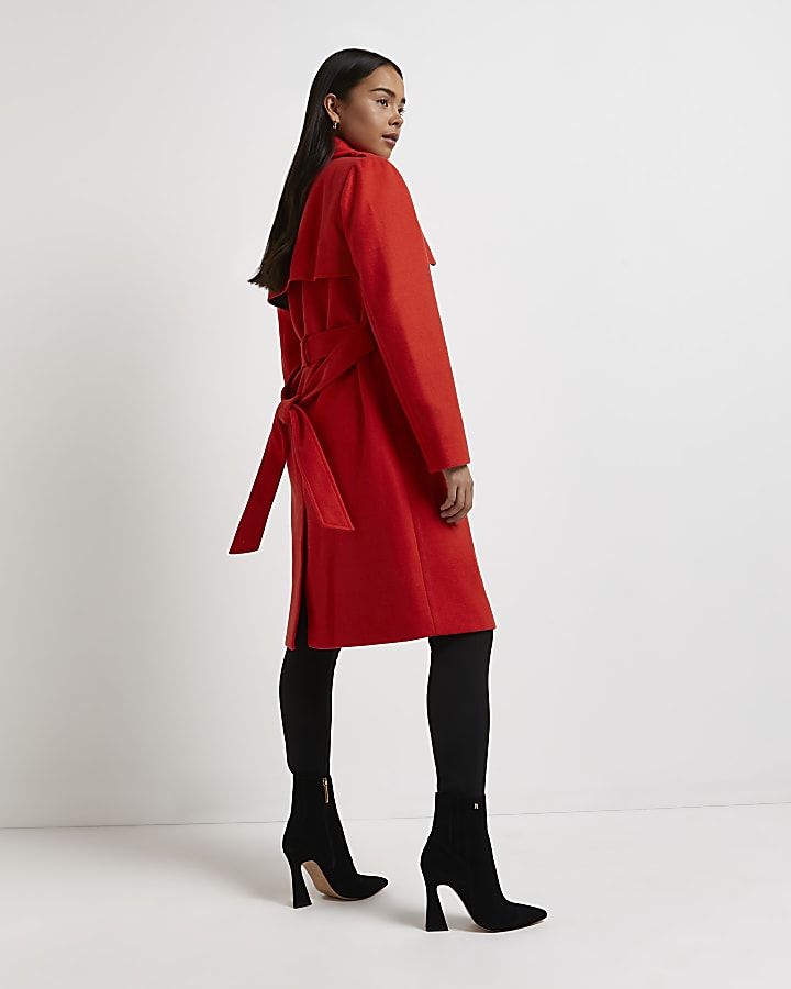 Petite red double breasted belted trench coat