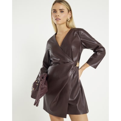 Petite Red Faux Leather Wrap Mini Dress