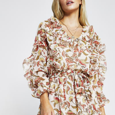 Petite red floral frilly Mini dress