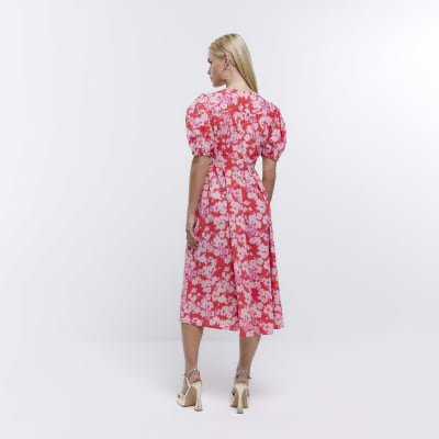 Petite red floral midi dress