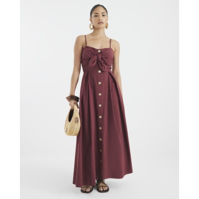 Petite Red Front Bow Button Up Midi Dress