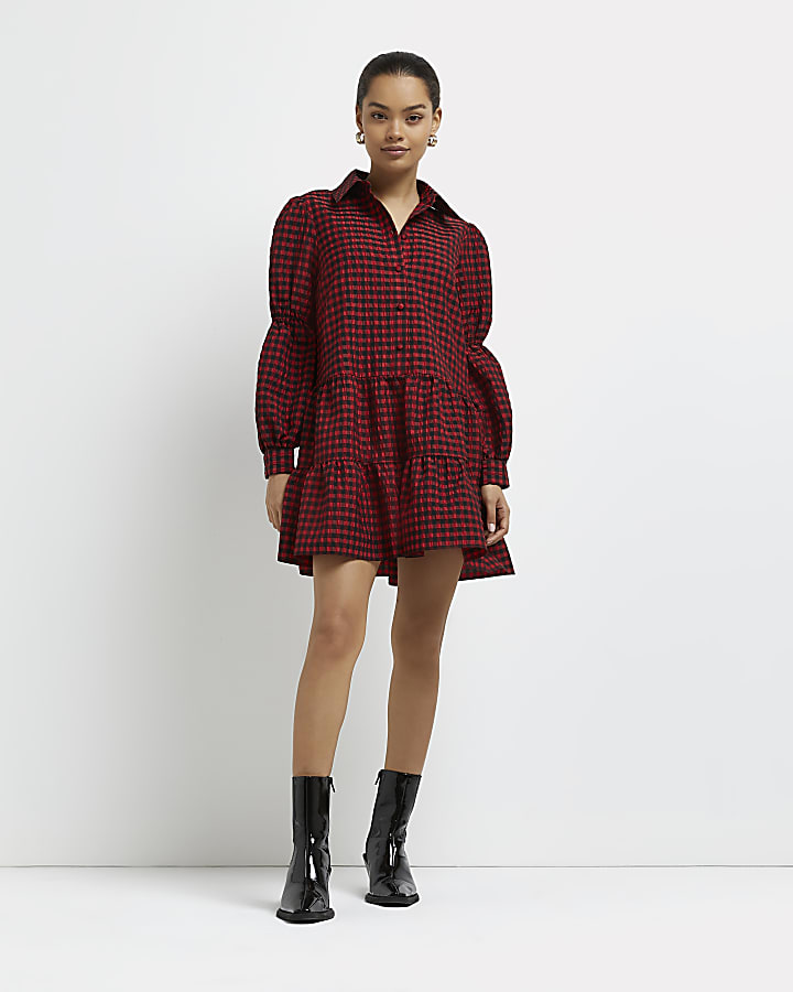 Petite red gingham tiered mini dress