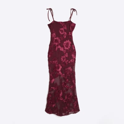 Petite Red Mesh 3D Floral Maxi Dress