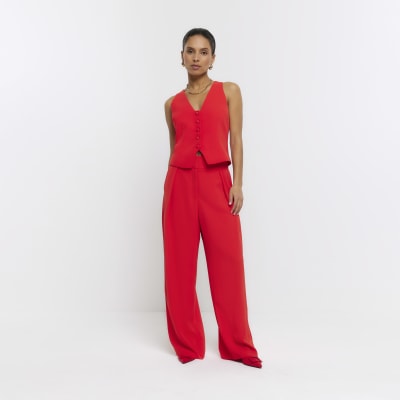 Petite red pleated wide leg trousers