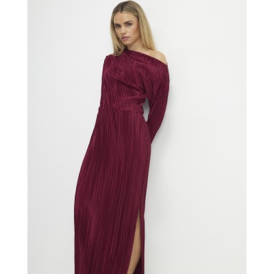 Petite Red Plisse Asymmetric Drape Midi Dress