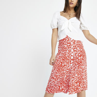 Petite red print button midi skirt