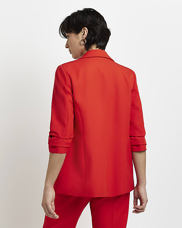 Petite red ruched sleeve blazer
