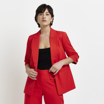 Petite red ruched sleeve blazer | River Island