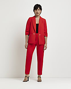 Petite red ruched sleeve blazer