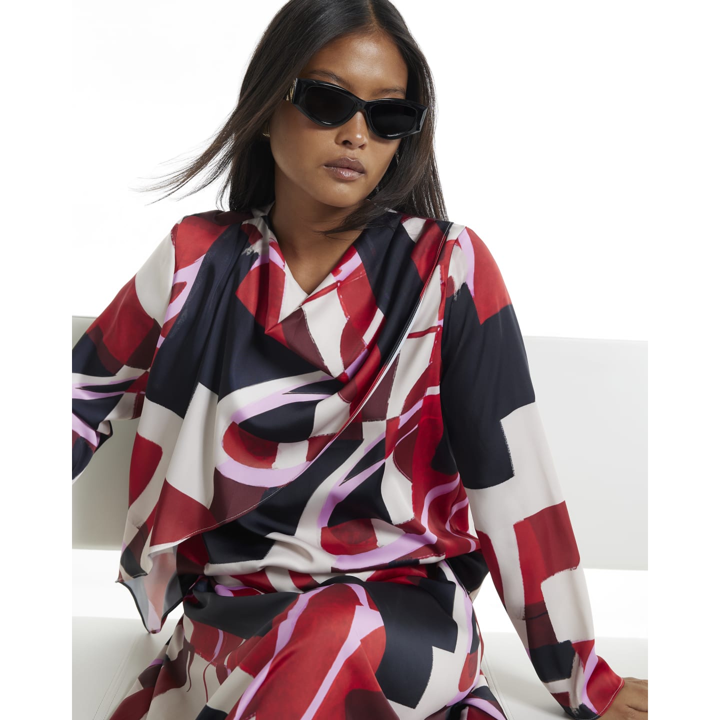 River Island Petite Red Satin Colour Block Cowl Neck Top — photo 1 of 1