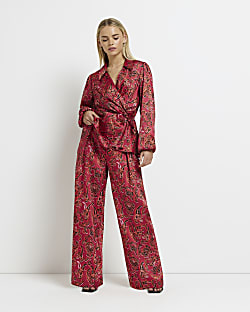 Petite red satin paisley wide leg trousers