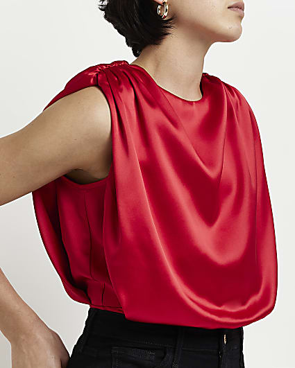 Petite red satin shoulder pad bodysuit