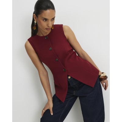 Petite Red Sleeveless Button Detail Waistcoat