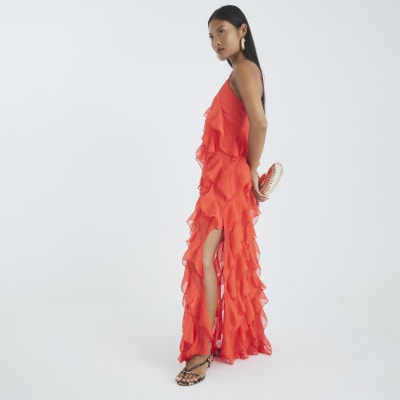 Petite Red Sleeveless Ruffle Maxi Dress