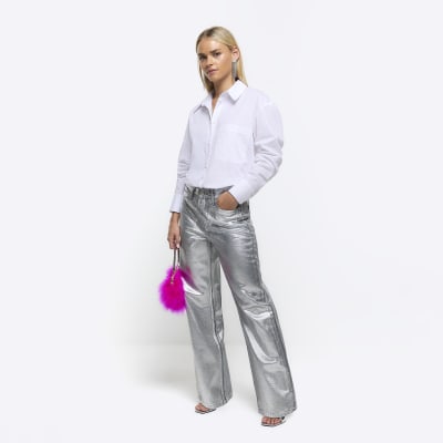 Petite silver straight coated jeans | River Island