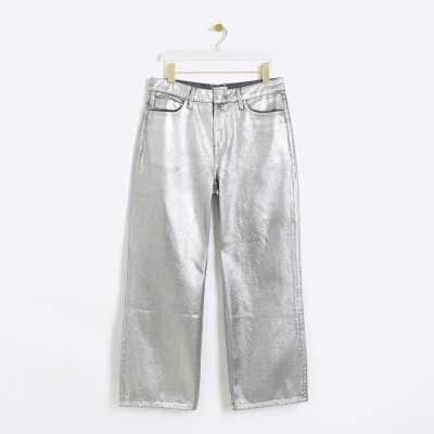 Petite silver straight coated jeans River Island