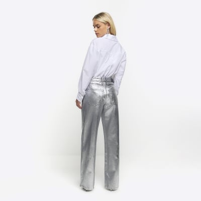 Petite silver straight coated jeans River Island