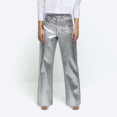 Petite silver straight coated jeans River Island