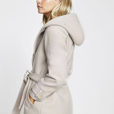 Petite stone belted faux fur hood robe coat