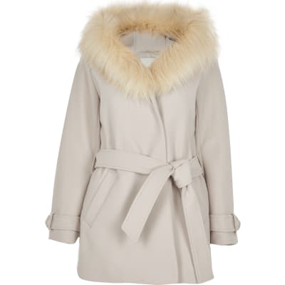 Petite stone belted faux fur hood robe coat