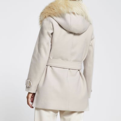 Petite stone belted faux fur hood robe coat