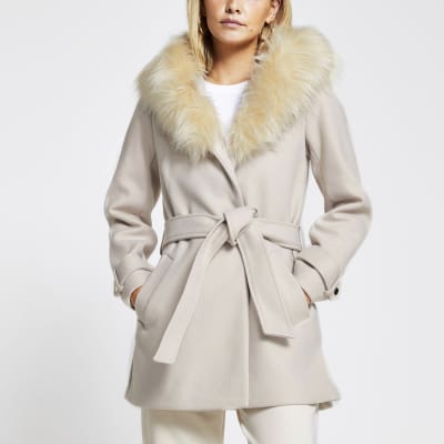 Petite stone belted faux fur hood robe coat | River Island
