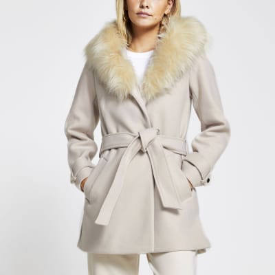 fur hood belted coat