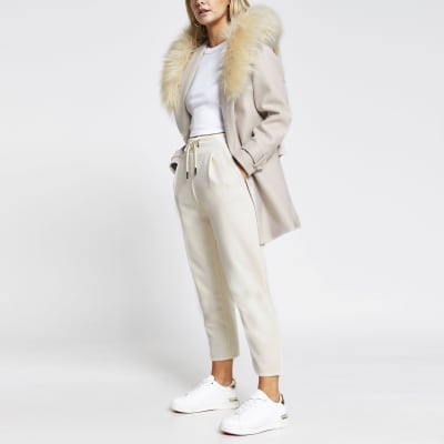 Petite stone belted faux fur hood robe coat