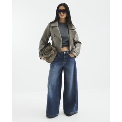 Petite Stone Faux Leather Cropped Trench Coat | River Island