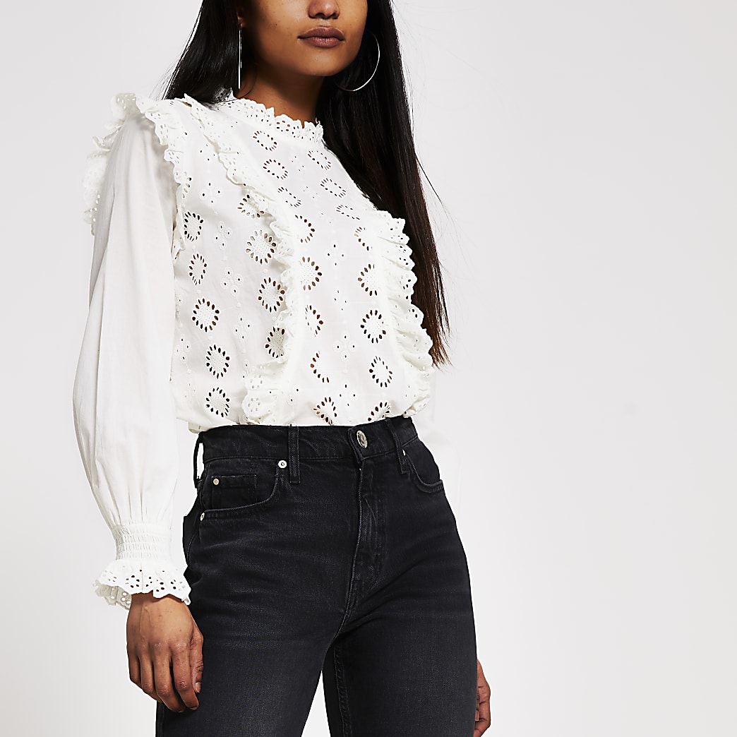 Petite white broderie frill blouse | River Island
