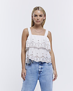 Petite white broderie layered cami top