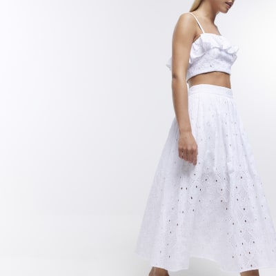 Petite white broderie midi skirt River Island