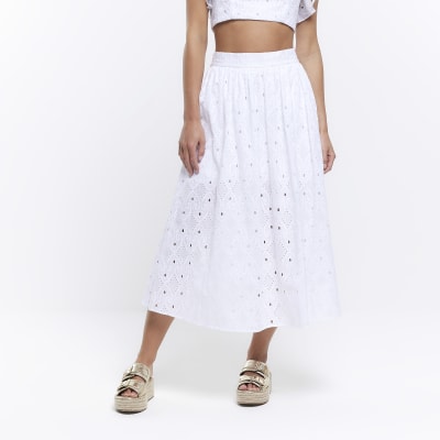 Petite white broderie midi skirt