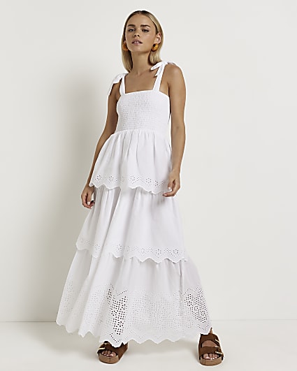 Petite white broderie smock maxi dress