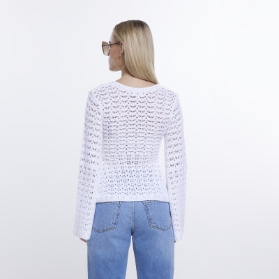 River Island Petite crochet top with belt loop in white
