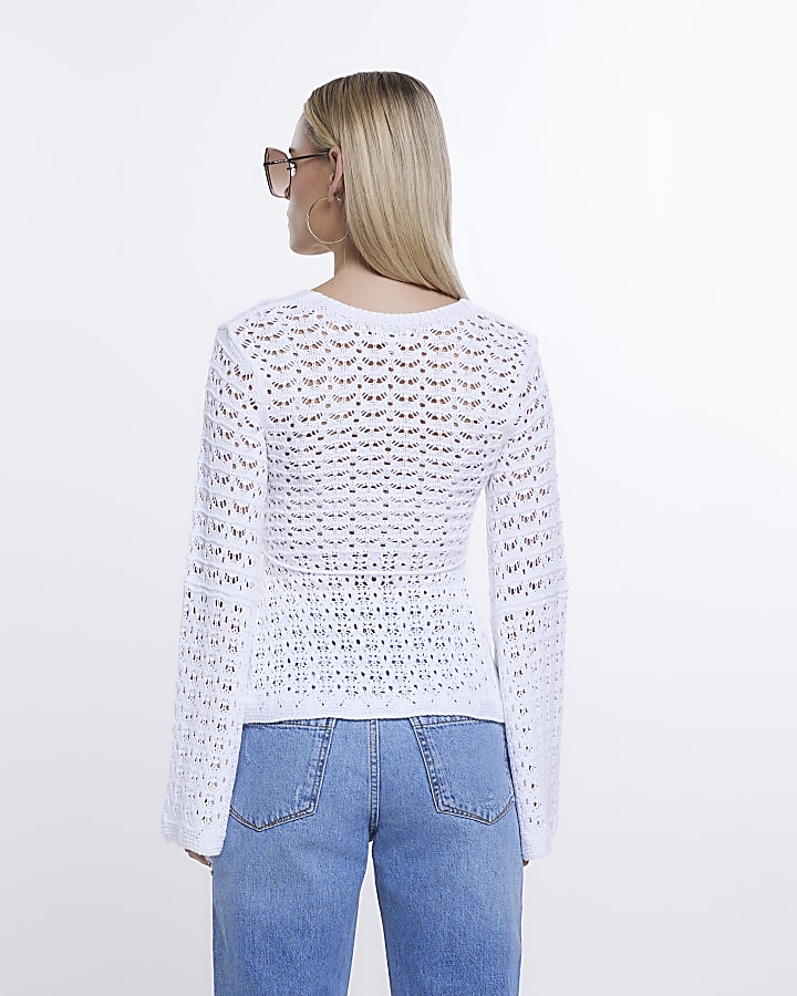 Petite white crochet long sleeve top