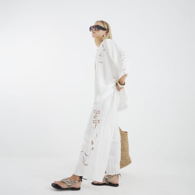 Petite White Cutwork Trousers