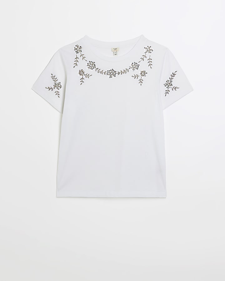 Petite white embellished t-shirt