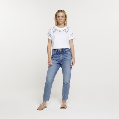 Petite white embellished t-shirt