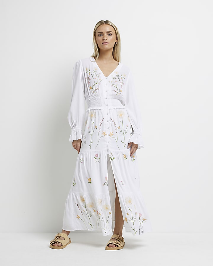 Petite white embroidered maxi shirt dress