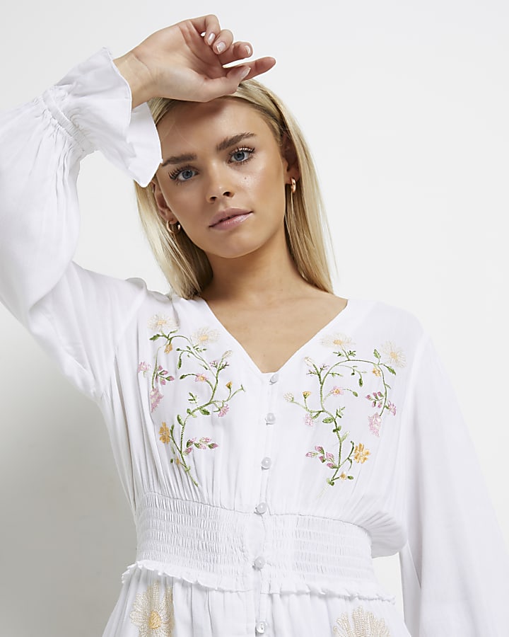 Petite white embroidered maxi shirt dress