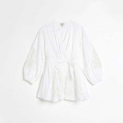 Petite white embroidered wrap mini dress | River Island