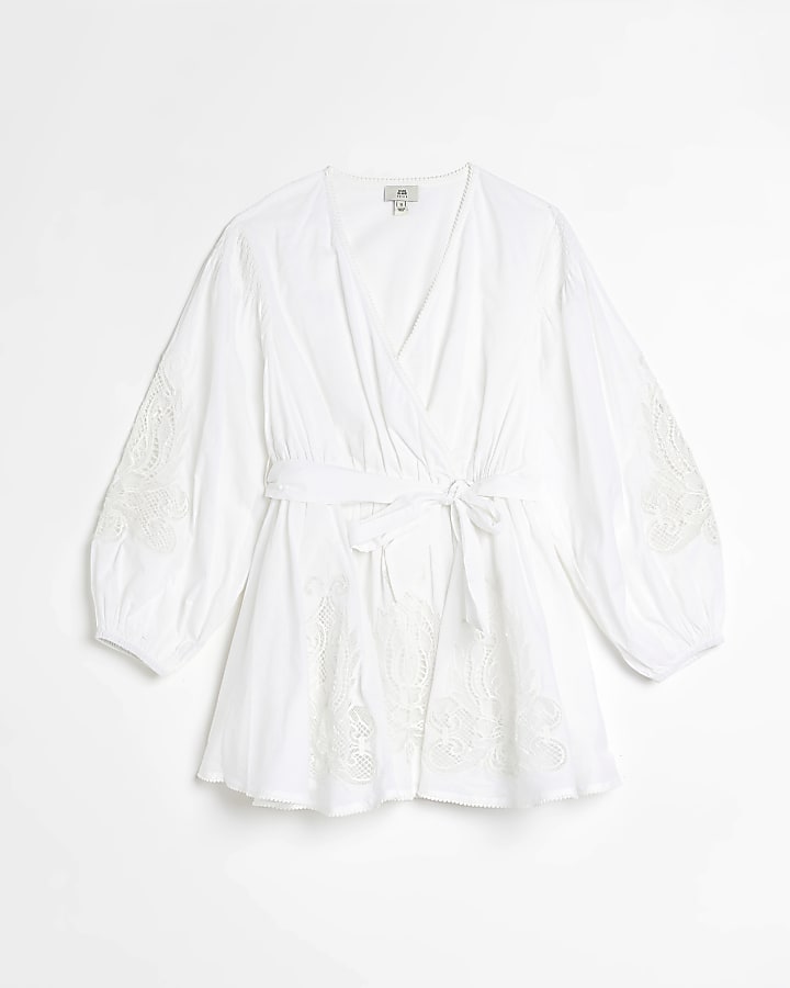 Petite white embroidered wrap mini dress