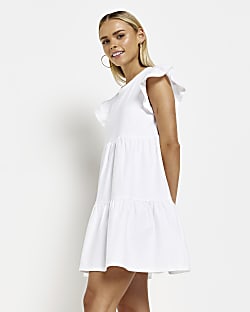 Petite white frill smock mini dress