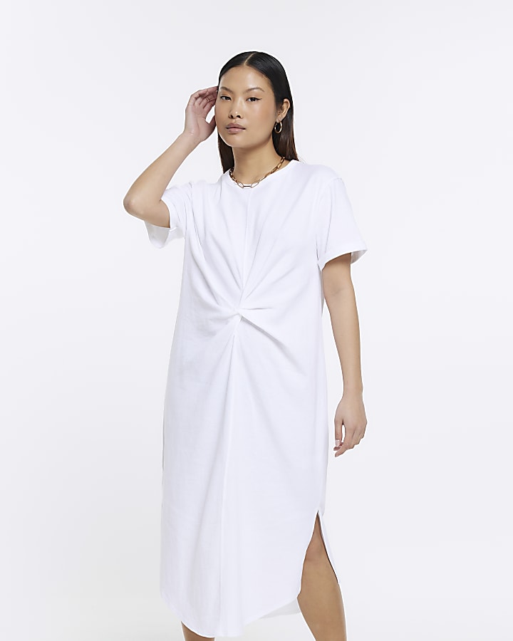 Petite white front twist t-shirt midi dress