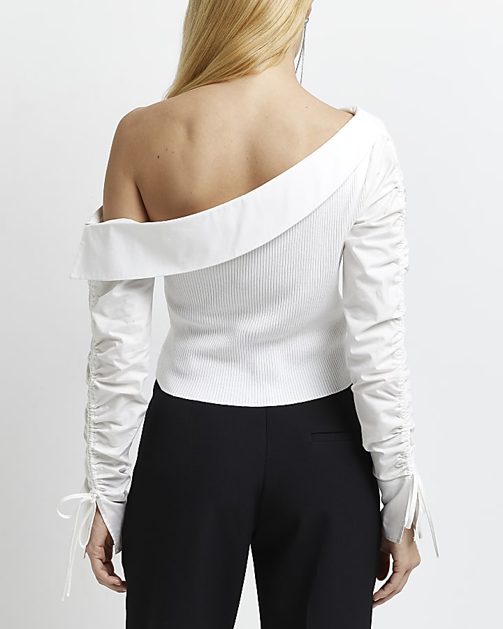 Petite white knitted one shoulder top