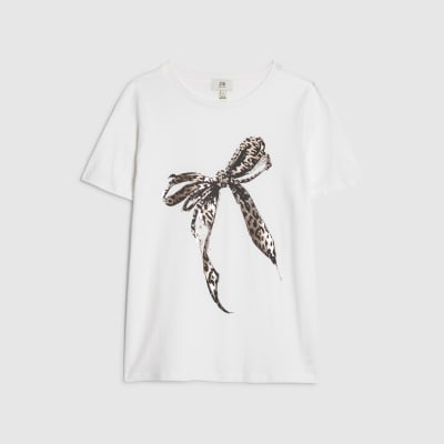 Petite White Leopard Print Bow T-shirt