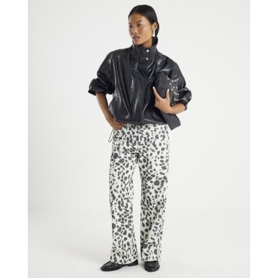 Petite White Leopard Print Straight Leg Jeans