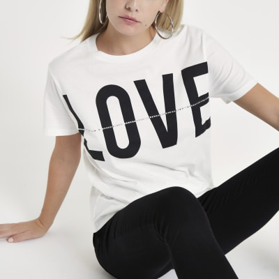 Petite white 'Love' print diamante T-shirt