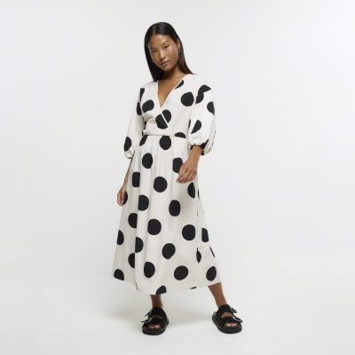 Petite white puff sleeve smock midi dress | River Island